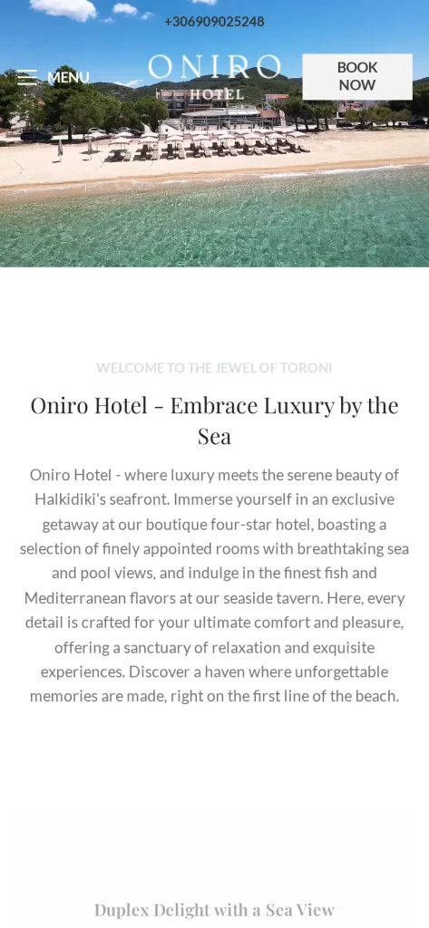 Boutique hotel website in Halkidiki, homepage on mobile